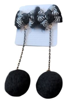 Black Fabric Pom Pom Drop Earrings Bow Chain Dangle Statement Fashion Jewelry